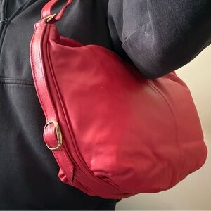 Vintage Red Leather Shoulder Bag / Crossbody Sling Made In Italy Crescent Shape